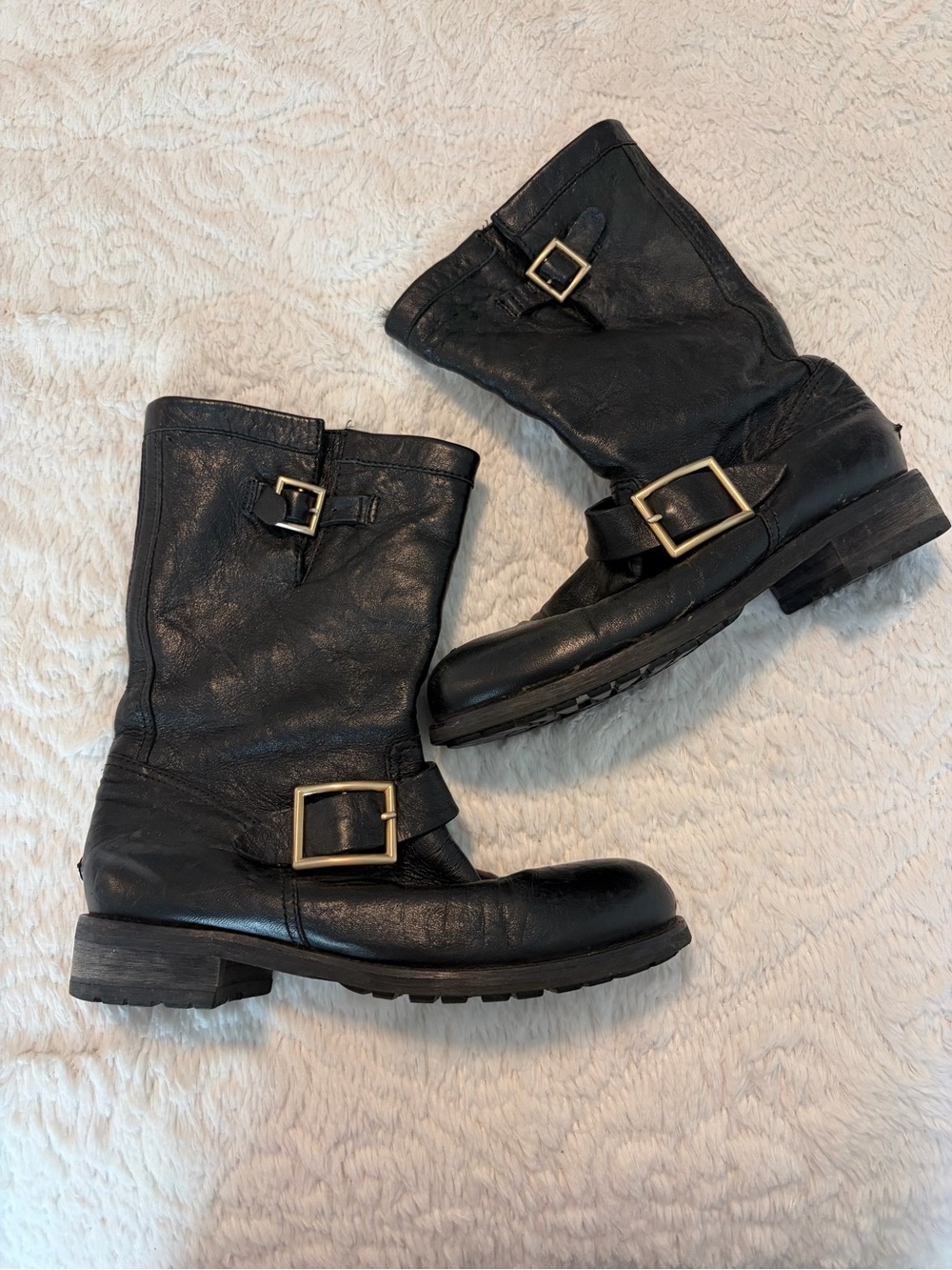 Jimmy Choo Black Leather Buckle Moto Boots Biker Fall Fuzzy Interior Sz 38 Shoe